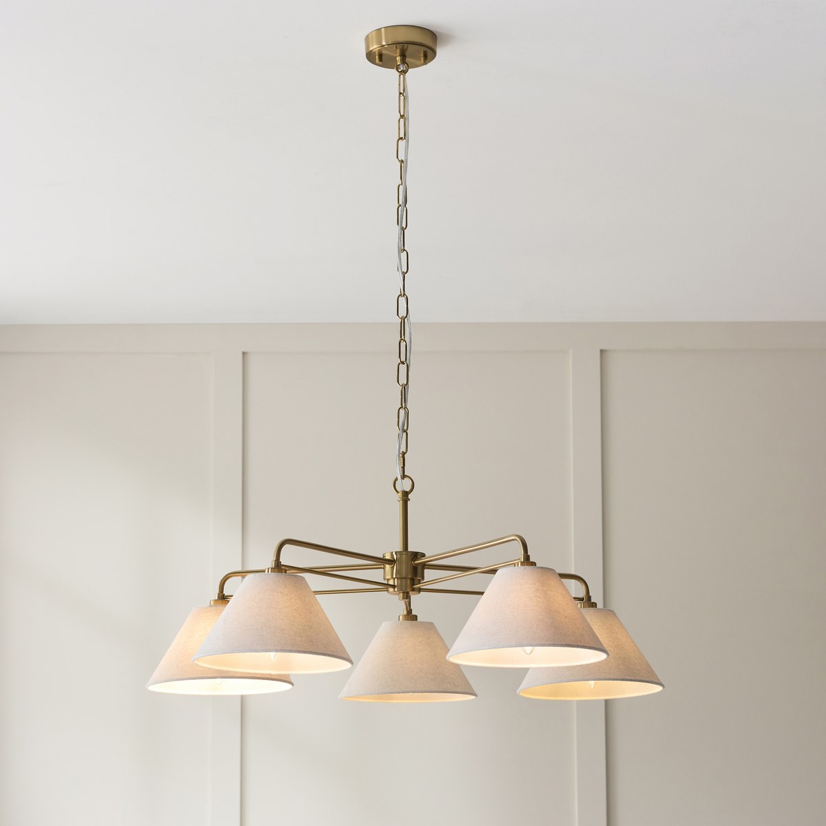 Endon Wallbridge 5 Light Pendant Light in Brushed Aged Brass with Natural Linen Shades