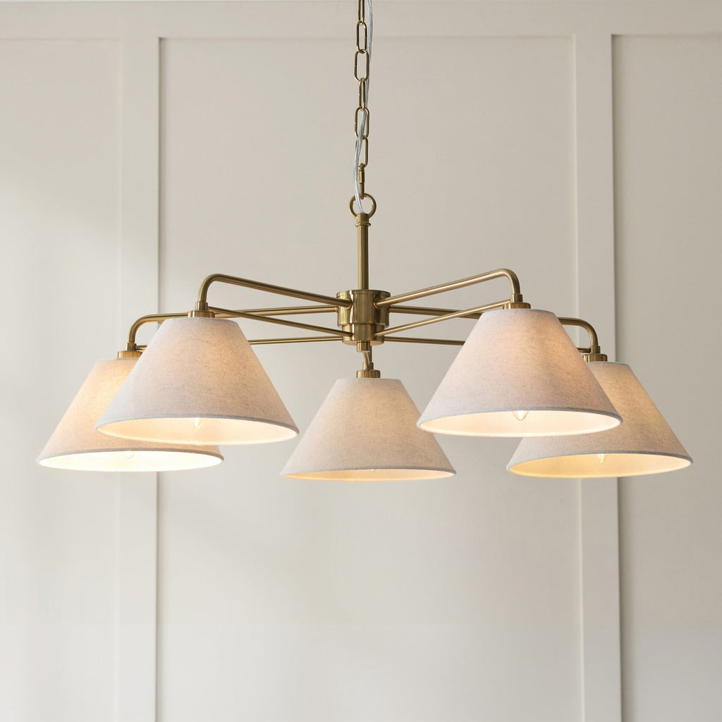 Endon Wallbridge 5 Light Pendant Light in Brushed Aged Brass with Natural Linen Shades