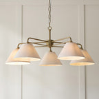 Endon Wallbridge 5 Light Pendant Light in Brushed Aged Brass with Natural Linen Shades
