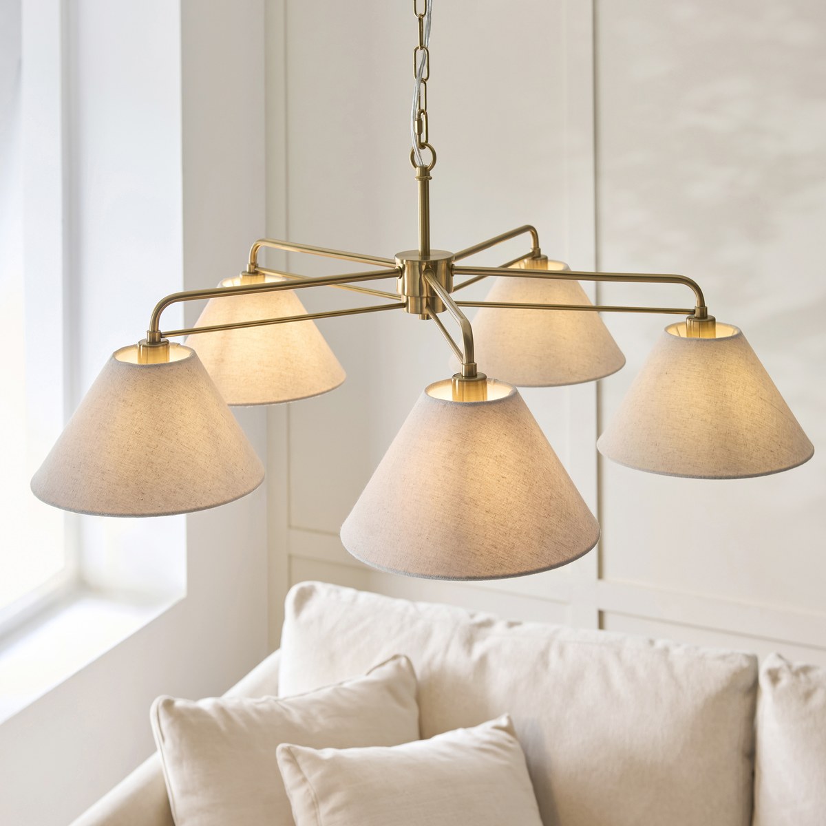 Endon Wallbridge 5 Light Pendant Light in Brushed Aged Brass with Natural Linen Shades
