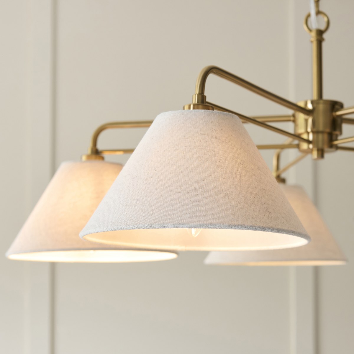 Endon Wallbridge 5 Light Pendant Light in Brushed Aged Brass with Natural Linen Shades