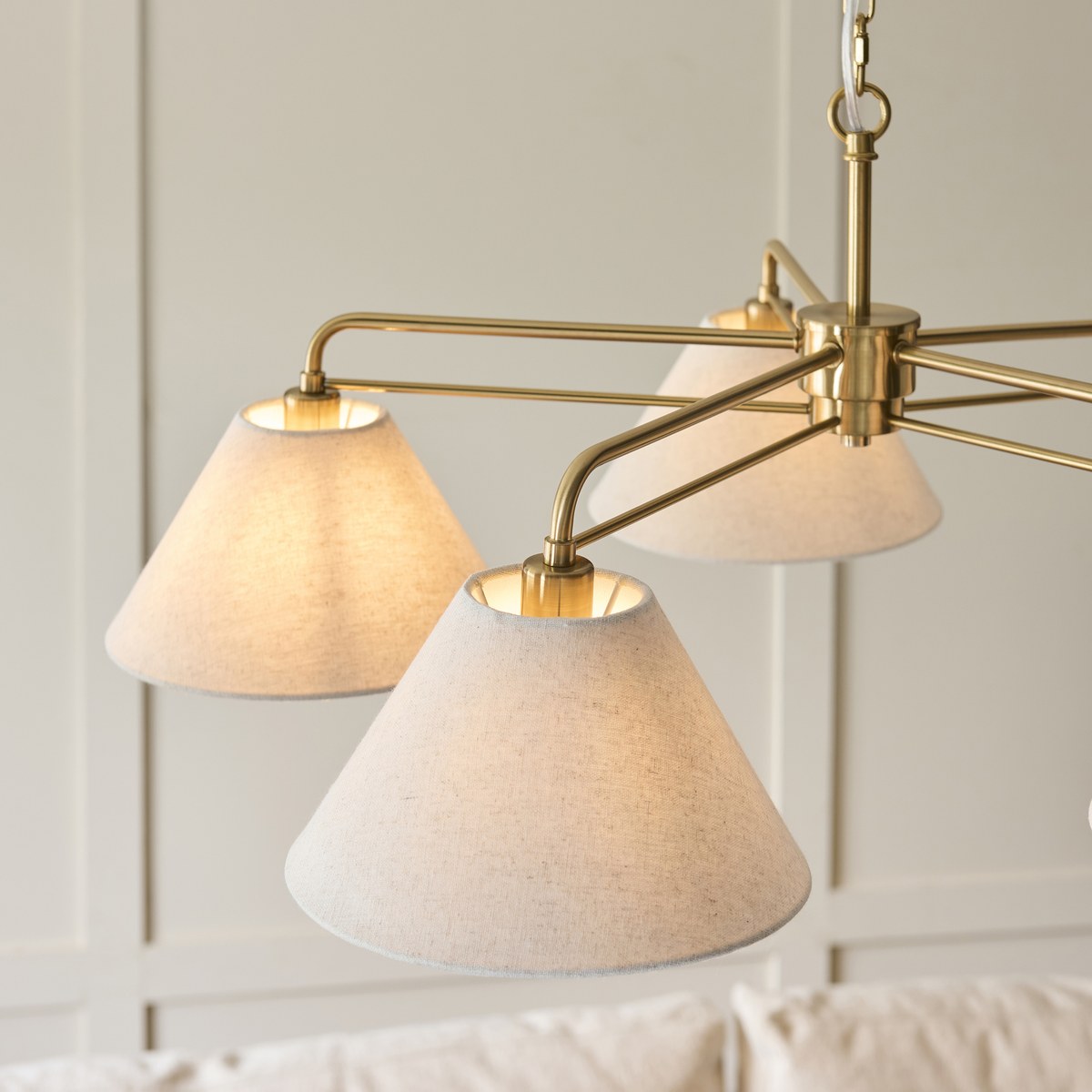 Endon Wallbridge 5 Light Pendant Light in Brushed Aged Brass with Natural Linen Shades