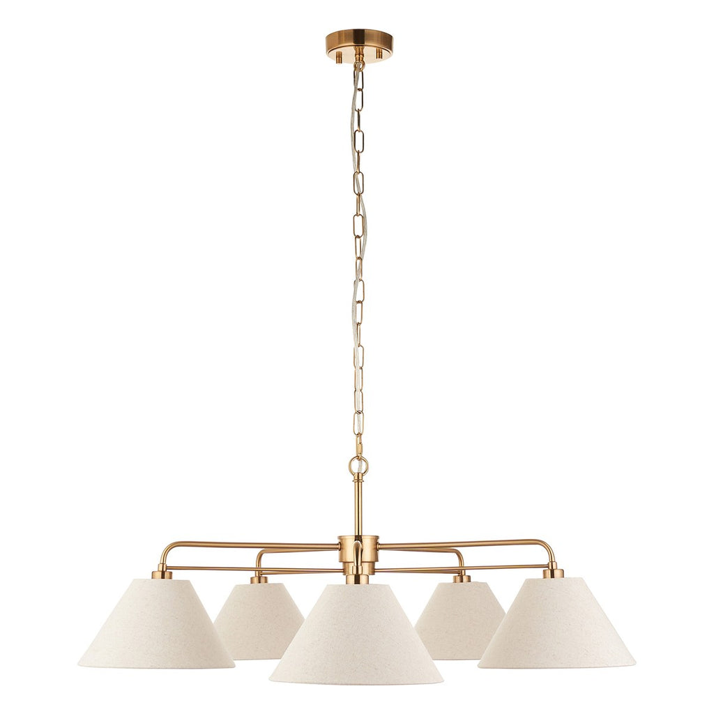 Endon Wallbridge 5 Light Pendant Light in Brushed Aged Brass with Natural Linen Shades