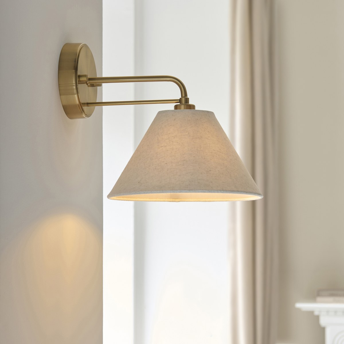 Endon Wallbridge Wall Light in Brushed Aged Brass with Natural Linen Shade