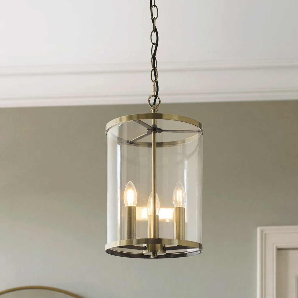 Endon Hebden 3 Light Pendant Light in Antique Brass with Clear Glass