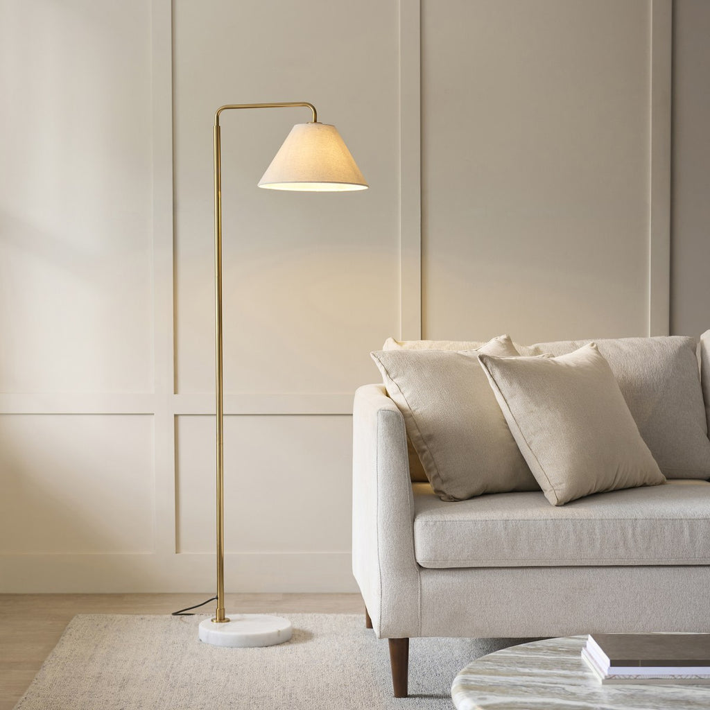 Endon Wallbridge Floor Lamp in Brushed Aged Brass with Natural Linen Shade