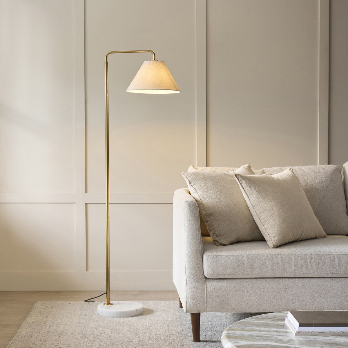 Endon Wallbridge Floor Lamp in Brushed Aged Brass with Natural Linen Shade