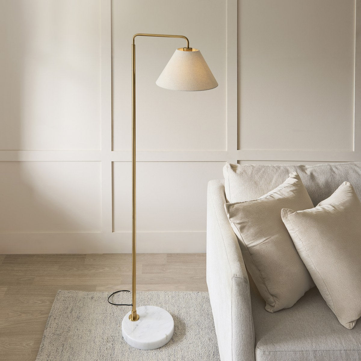 Endon Wallbridge Floor Lamp in Brushed Aged Brass with Natural Linen Shade