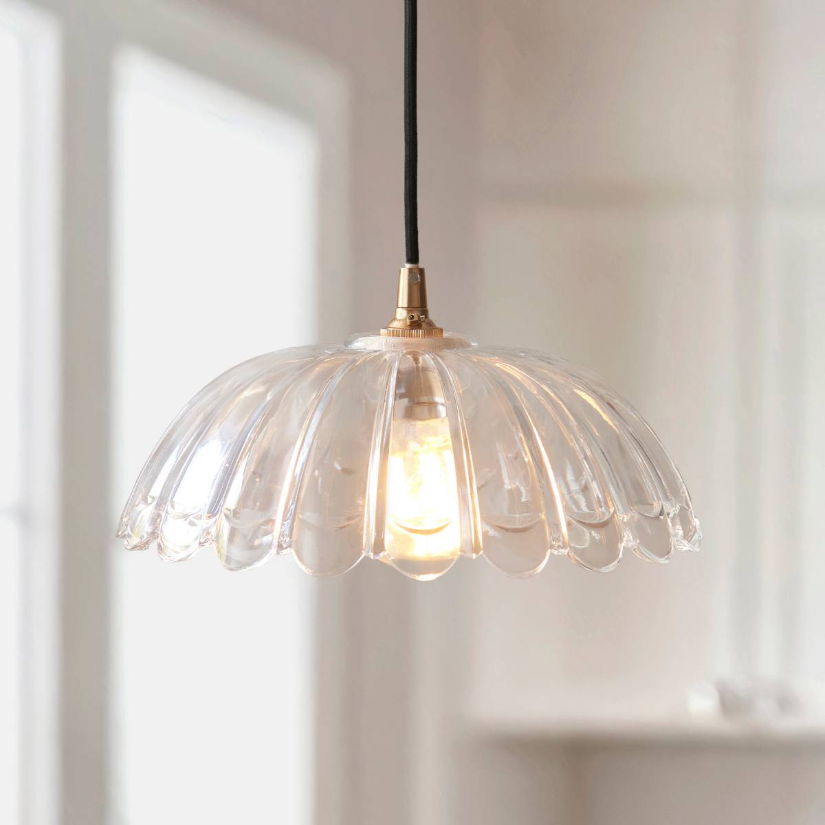 Endon Eltham and Carnation Pendant Light Clear Glass and Brushed Aged Brass With Black Braided Cable