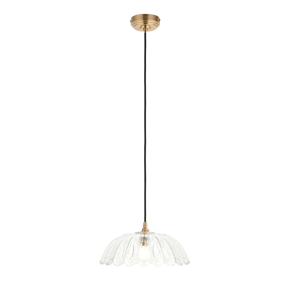 Endon Eltham and Carnation Pendant Light Clear Glass and Brushed Aged Brass With Black Braided Cable