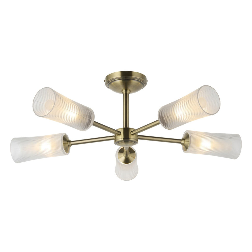 Endon Avelyn 5 Light Semi Flush Ceiling Light in Antique Brass with Clear Ribbed Glass