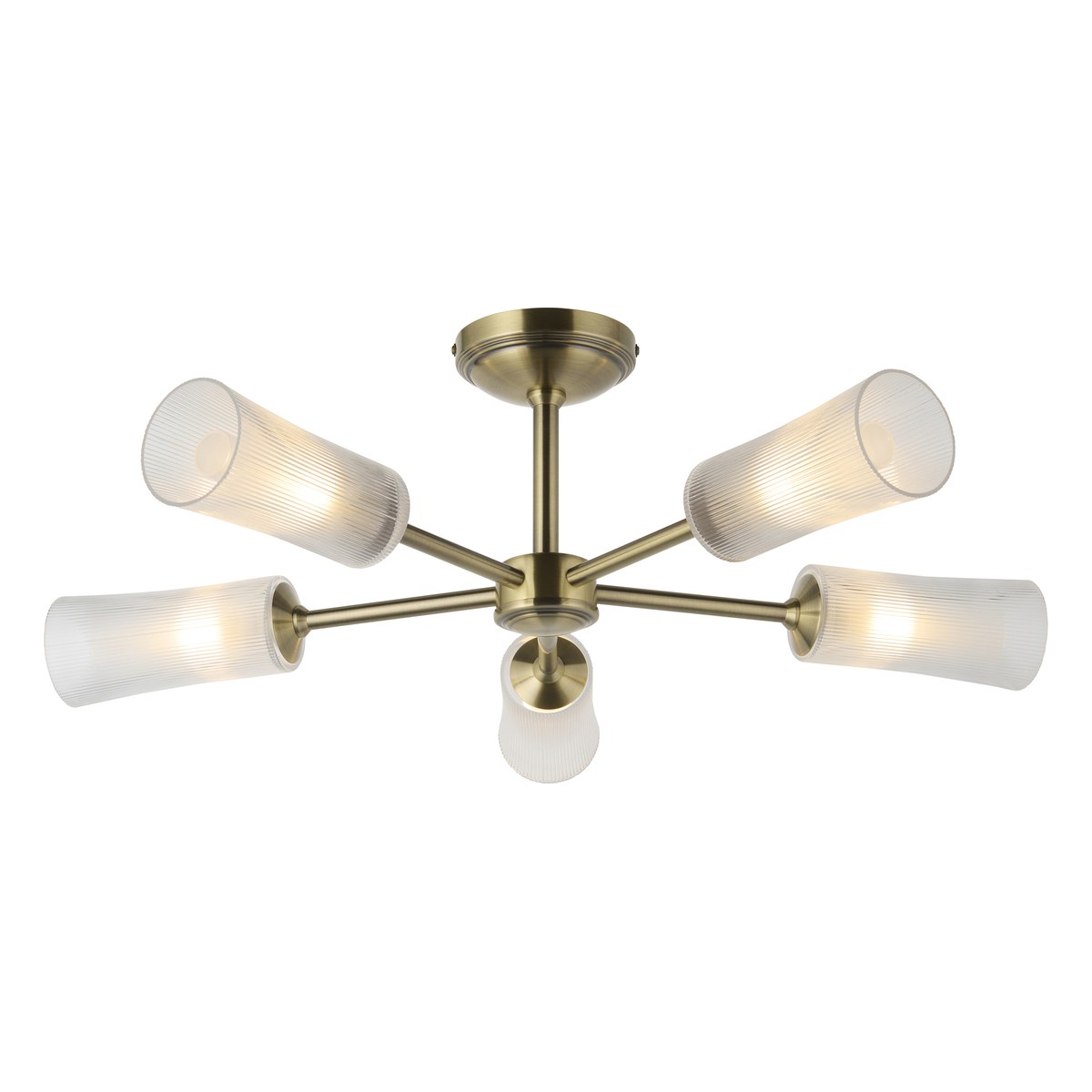 Endon Avelyn 5 Light Semi Flush Ceiling Light in Antique Brass with Clear Ribbed Glass