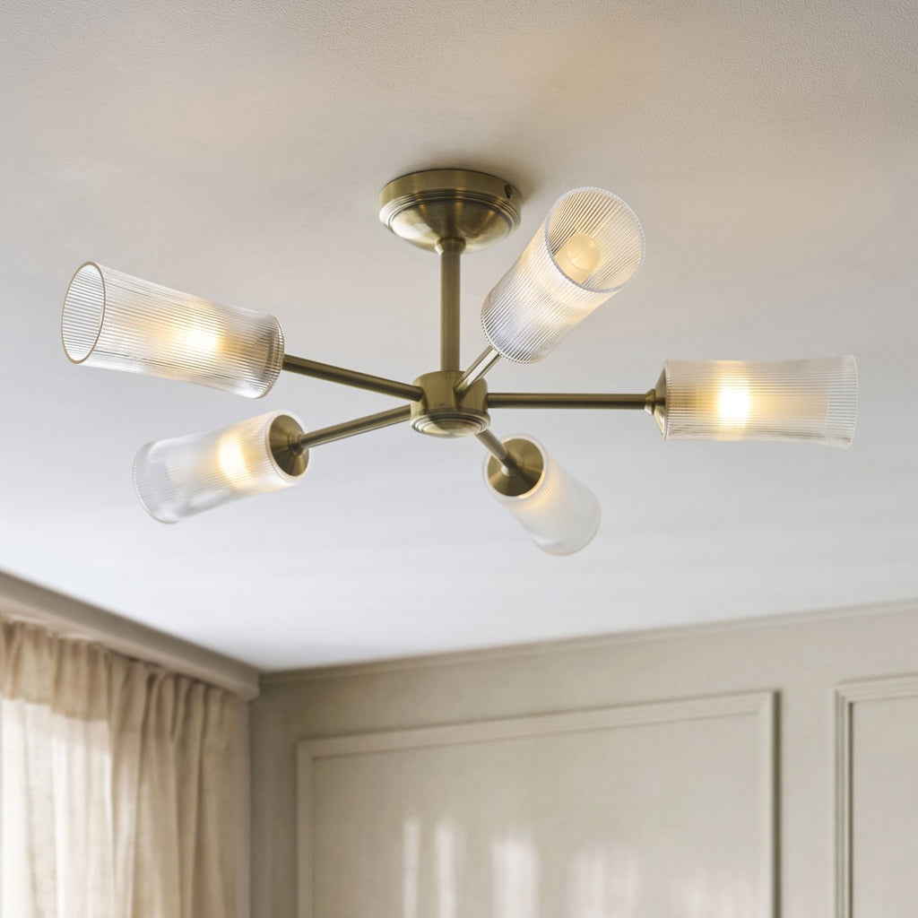 Endon Avelyn 5 Light Semi Flush Ceiling Light in Antique Brass with Clear Ribbed Glass