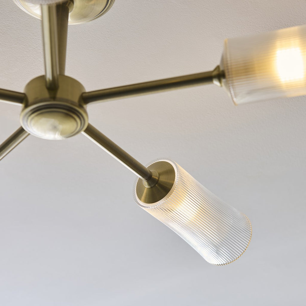 Endon Avelyn 5 Light Semi Flush Ceiling Light in Antique Brass with Clear Ribbed Glass