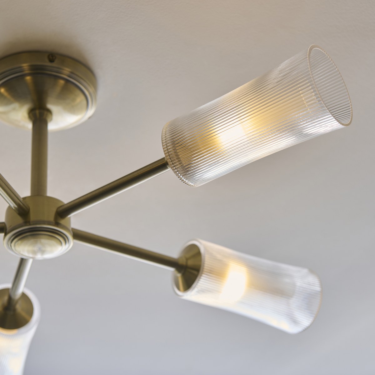 Endon Avelyn 5 Light Semi Flush Ceiling Light in Antique Brass with Clear Ribbed Glass