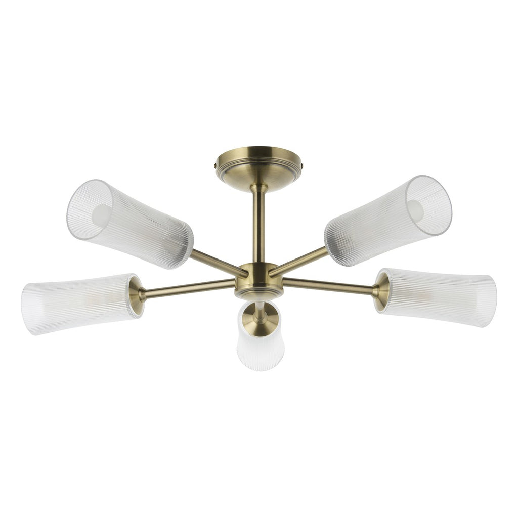 Endon Avelyn 5 Light Semi Flush Ceiling Light in Antique Brass with Clear Ribbed Glass