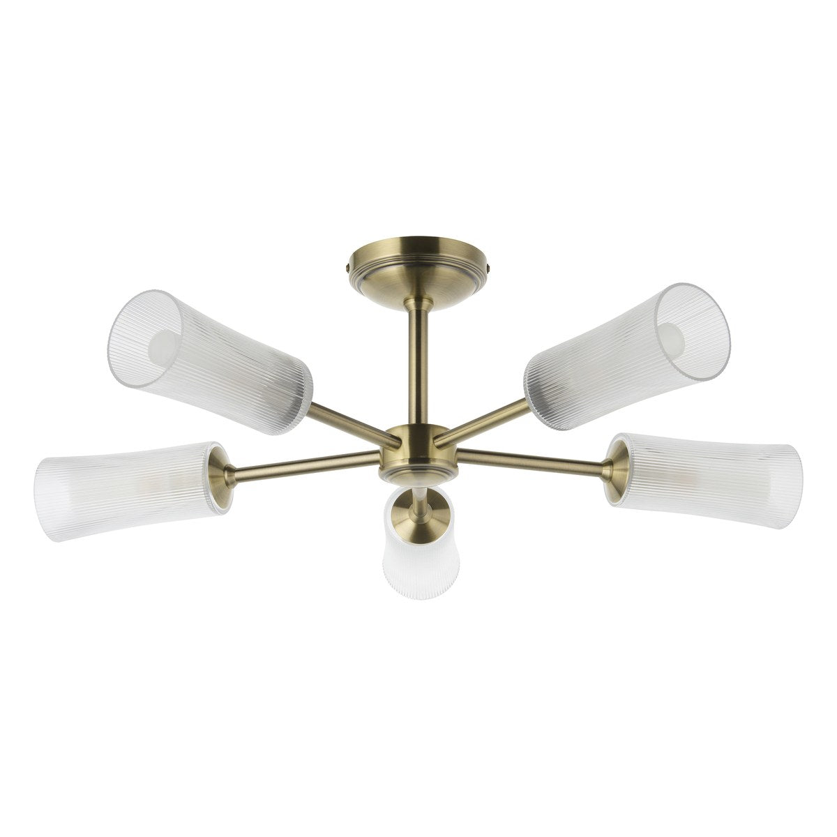 Endon Avelyn 5 Light Semi Flush Ceiling Light in Antique Brass with Clear Ribbed Glass