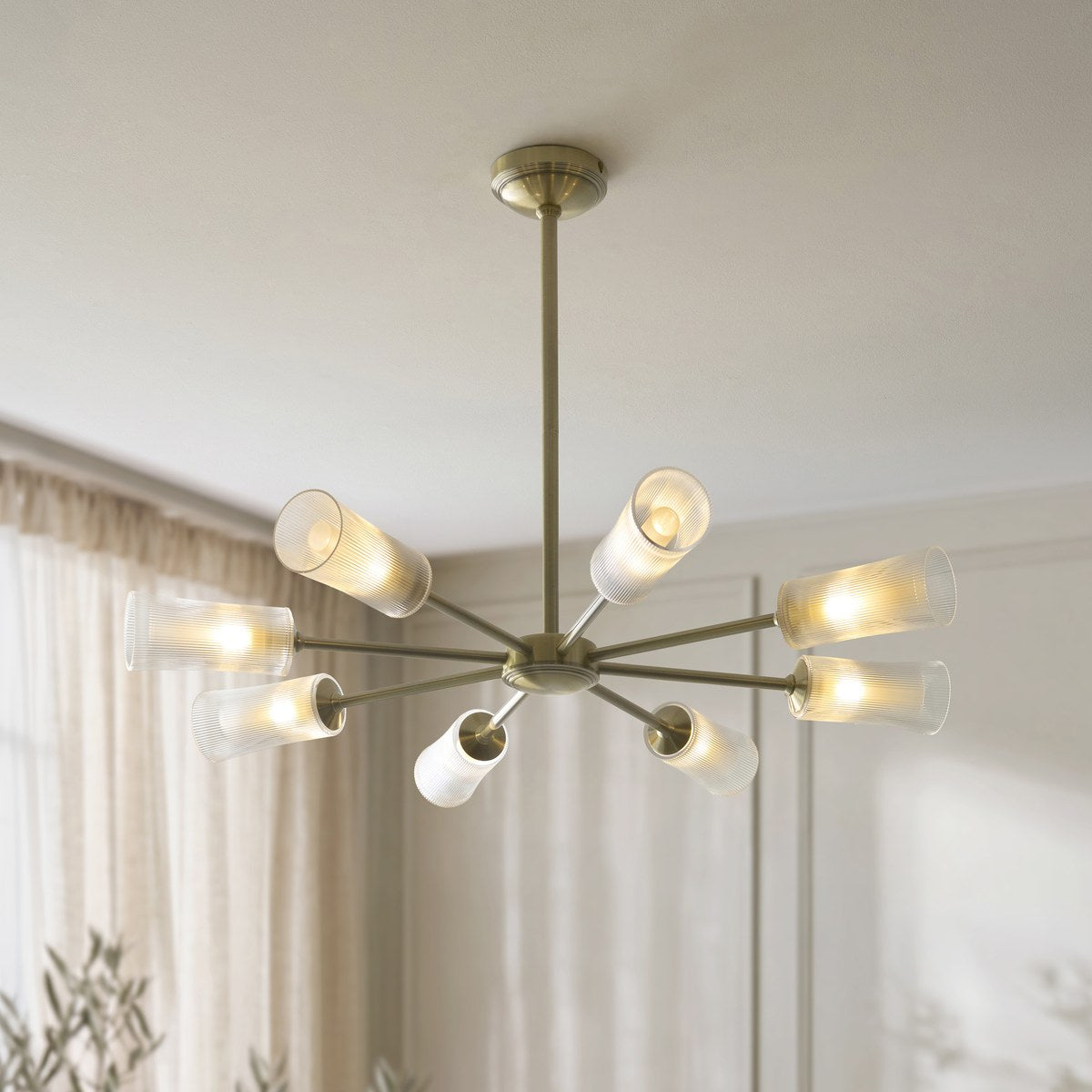 Endon Avelyn 8 Light Pendant Light in Antique Brass with Clear Ribbed Glass