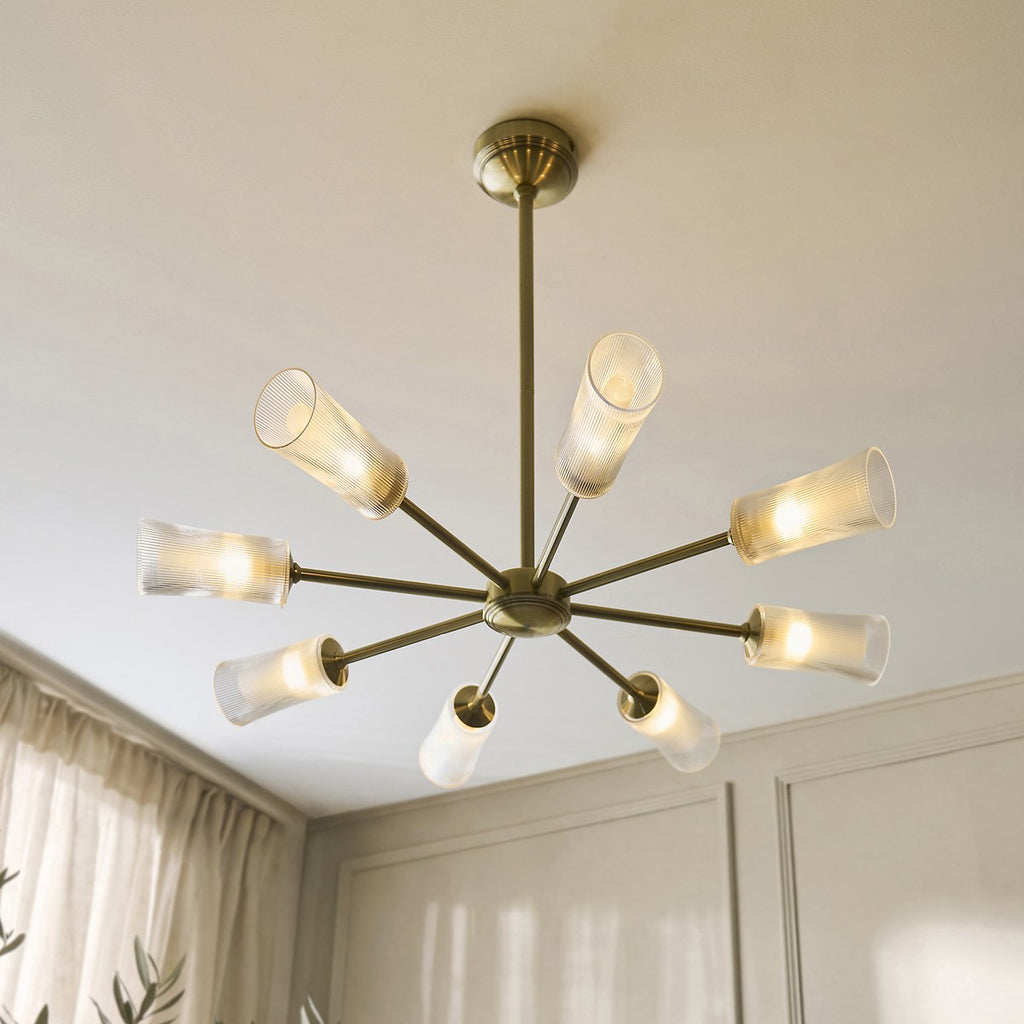 Endon Avelyn 8 Light Pendant Light in Antique Brass with Clear Ribbed Glass