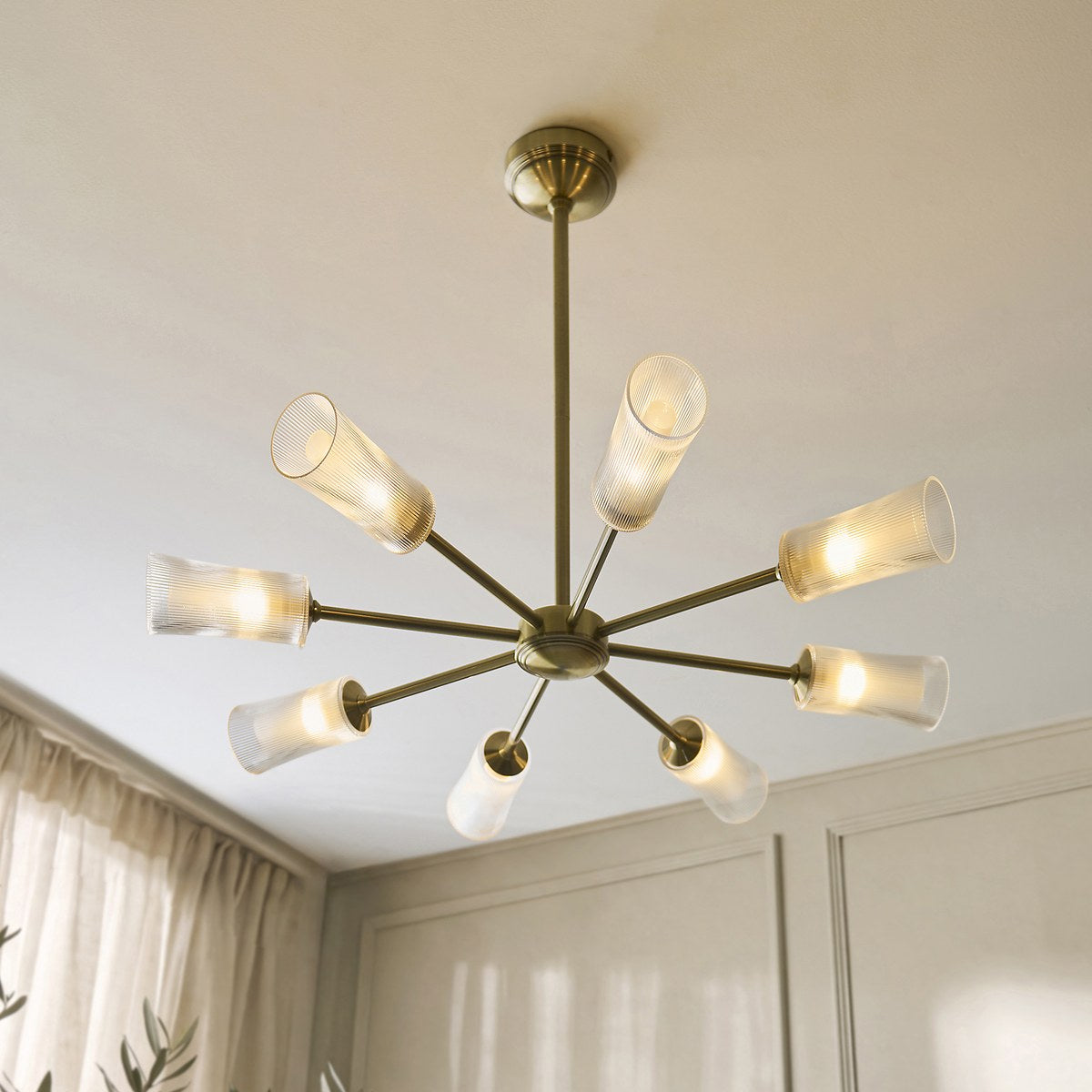 Endon Avelyn 8 Light Pendant Light in Antique Brass with Clear Ribbed Glass