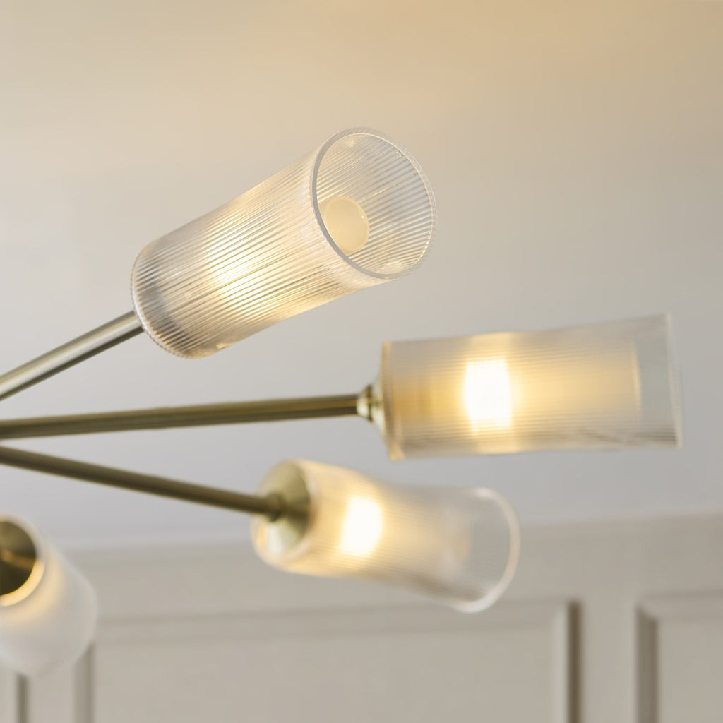 Endon Avelyn 8 Light Pendant Light in Antique Brass with Clear Ribbed Glass