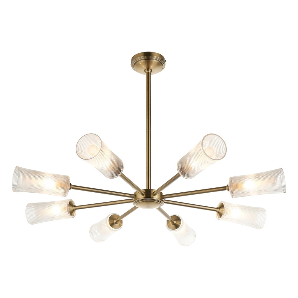 Endon Avelyn 8 Light Pendant Light in Antique Brass with Clear Ribbed Glass