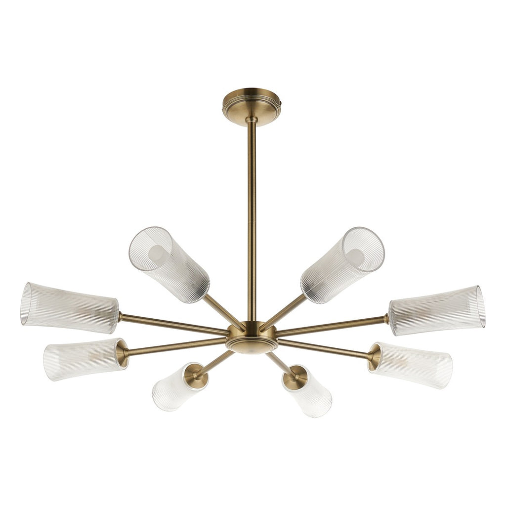 Endon Avelyn 8 Light Pendant Light in Antique Brass with Clear Ribbed Glass