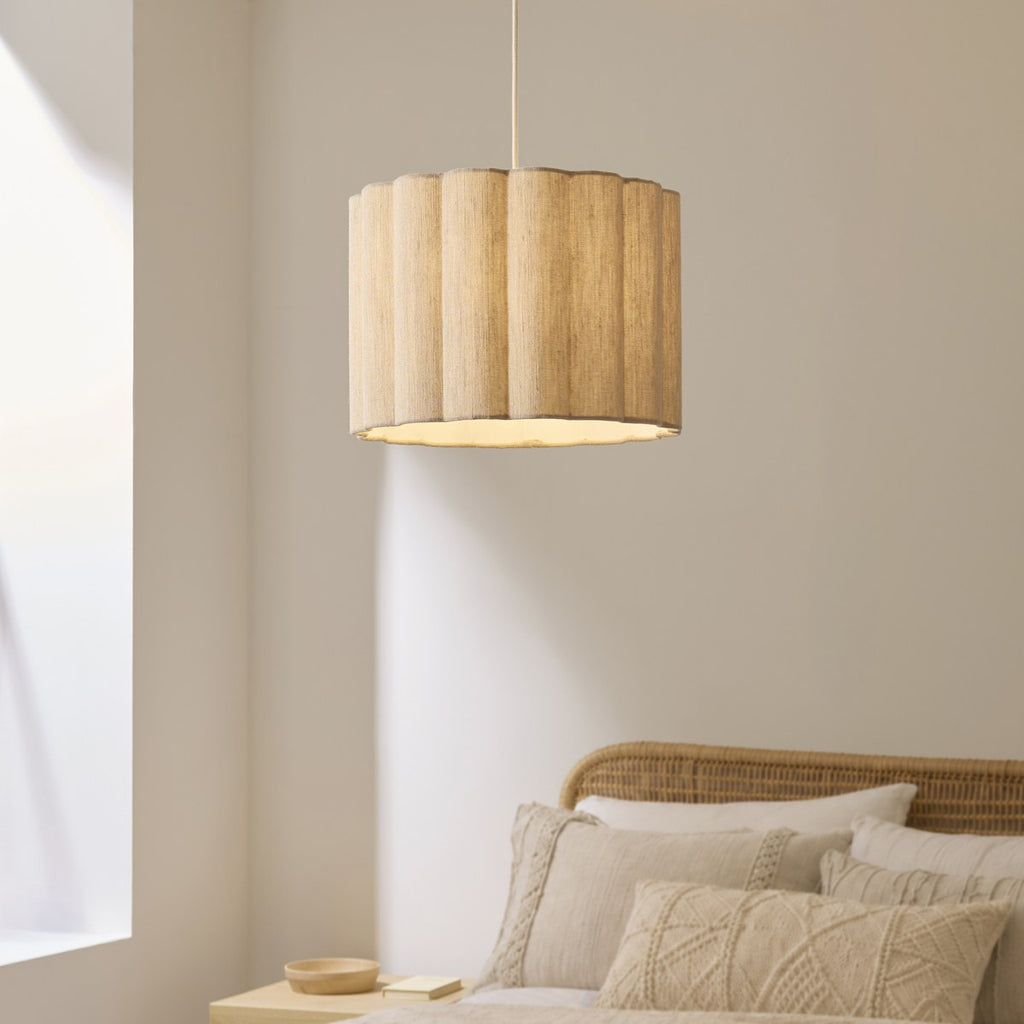 Endon Olson Pendant Light in Oak Stained Wood with Natural Scalloped Shade