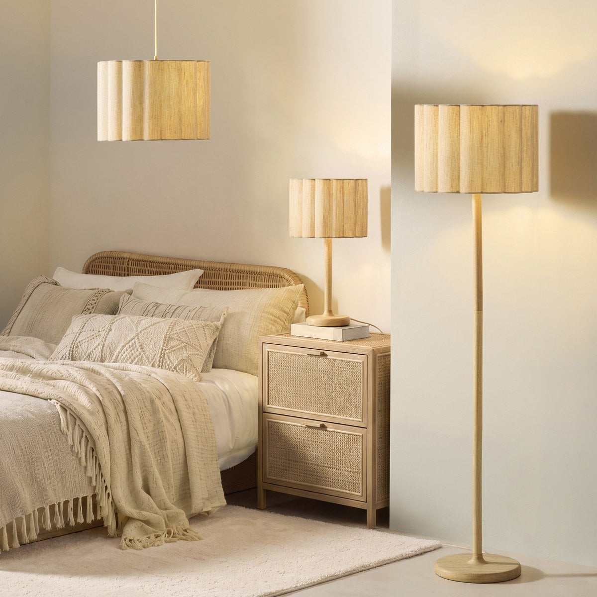 Endon Olson Pendant Light in Oak Stained Wood with Natural Scalloped Shade