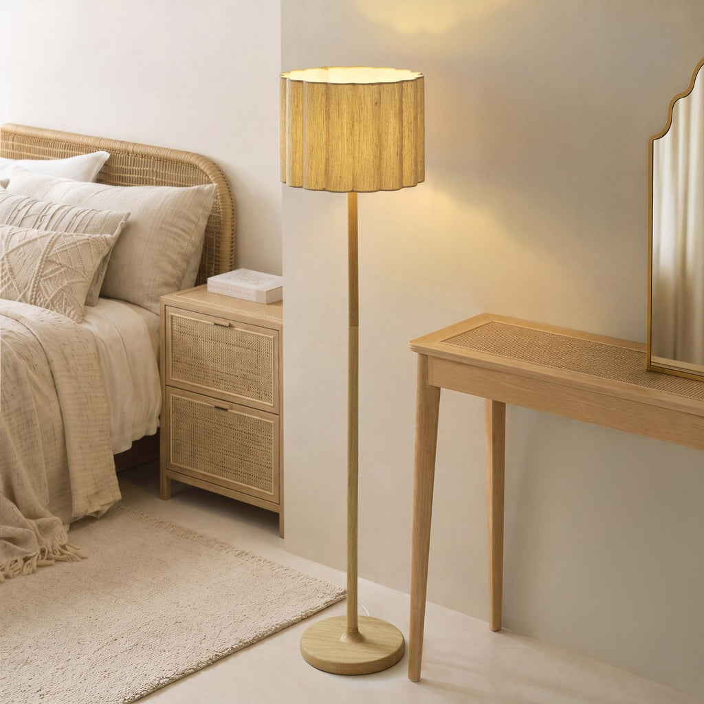 Endon Olson Floor Lamp in Oak Stained Wood with Natural Scalloped Shade