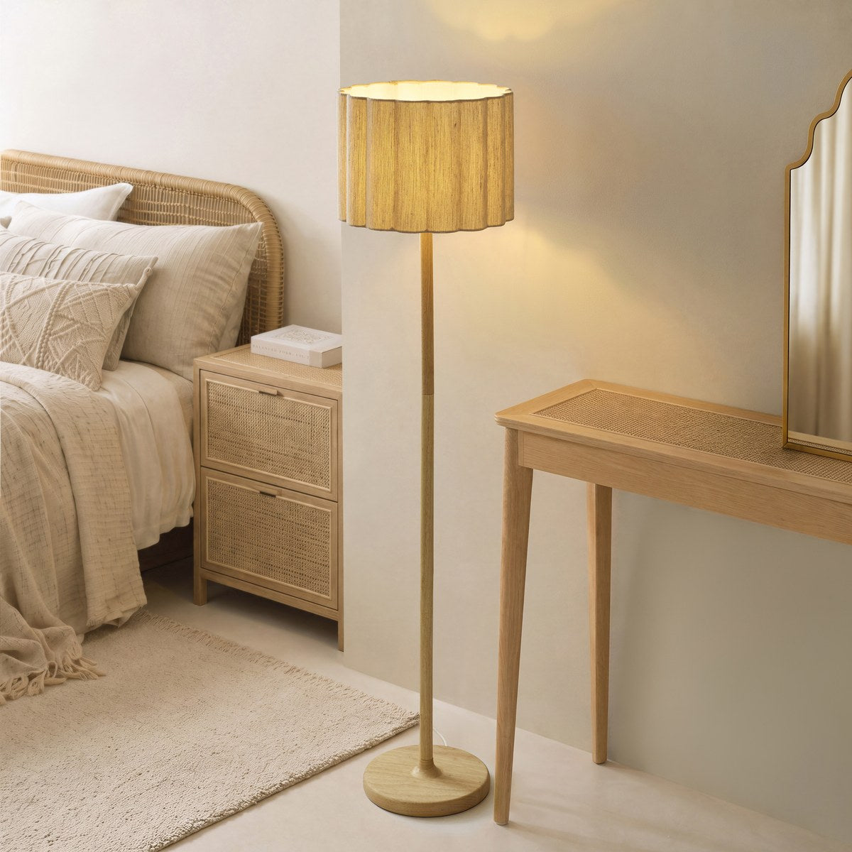 Endon Olson Floor Lamp in Oak Stained Wood with Natural Scalloped Shade