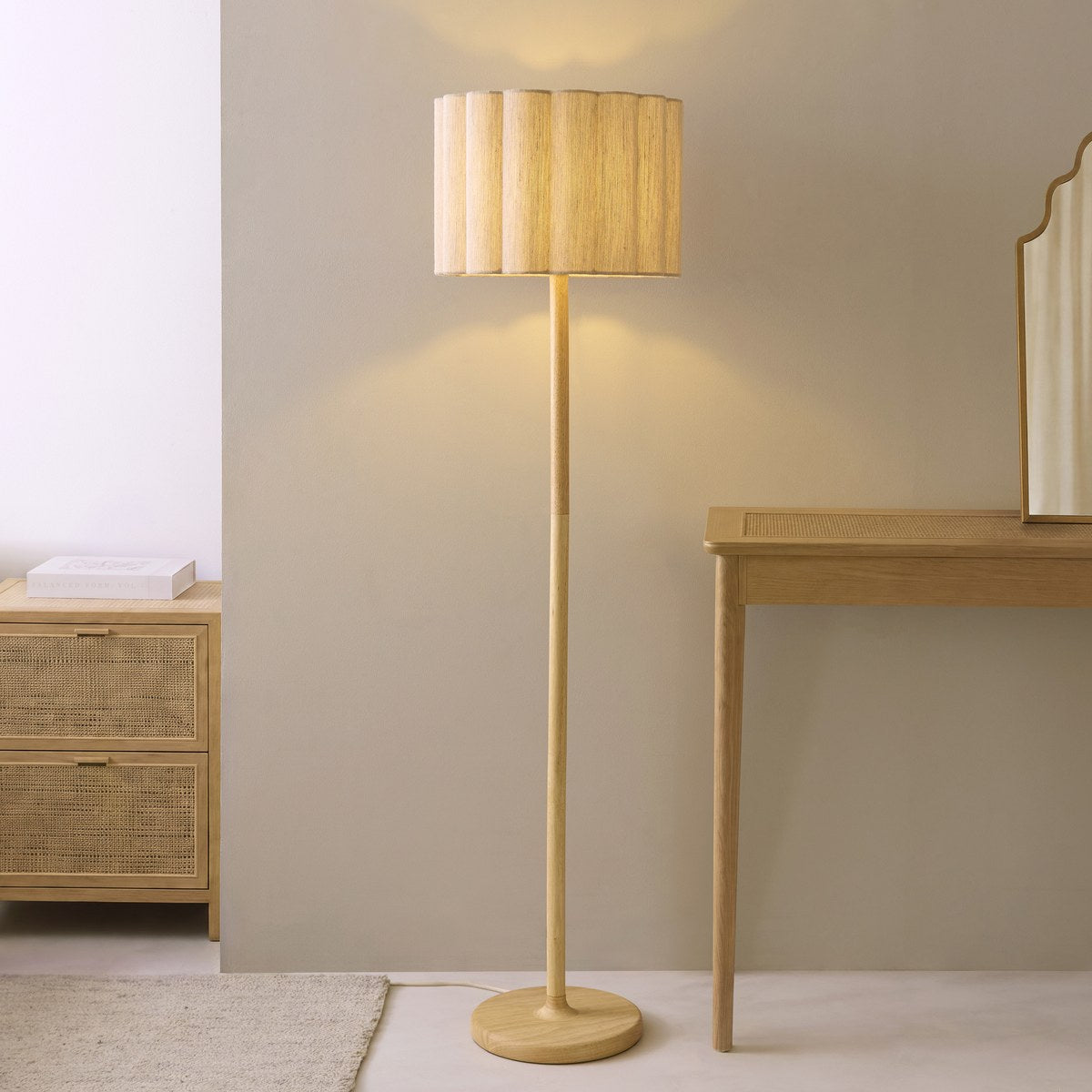 Endon Olson Floor Lamp in Oak Stained Wood with Natural Scalloped Shade