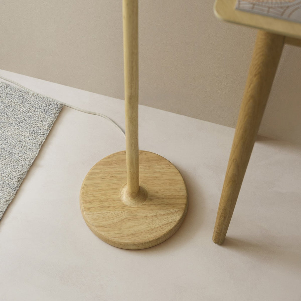 Endon Olson Floor Lamp in Oak Stained Wood with Natural Scalloped Shade