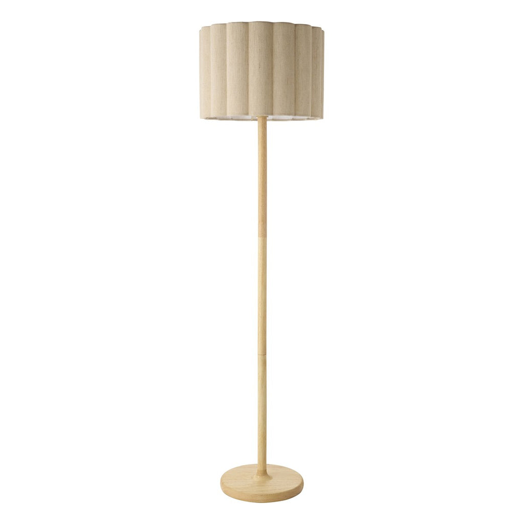 Endon Olson Floor Lamp in Oak Stained Wood with Natural Scalloped Shade