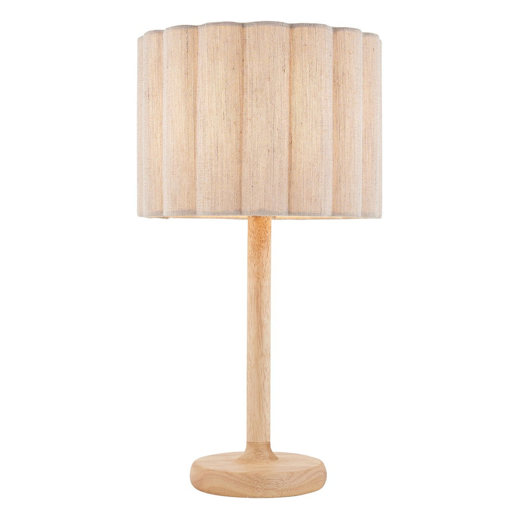 Endon Olson Table Lamp in Oak Stained Wood with Natural Scalloped Shade