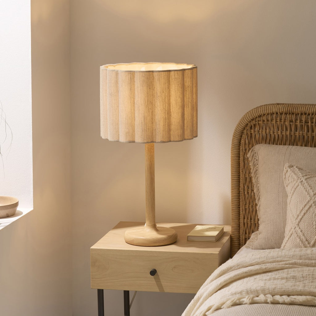 Endon Olson Table Lamp in Oak Stained Wood with Natural Scalloped Shade