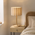 Endon Olson Table Lamp in Oak Stained Wood with Natural Scalloped Shade