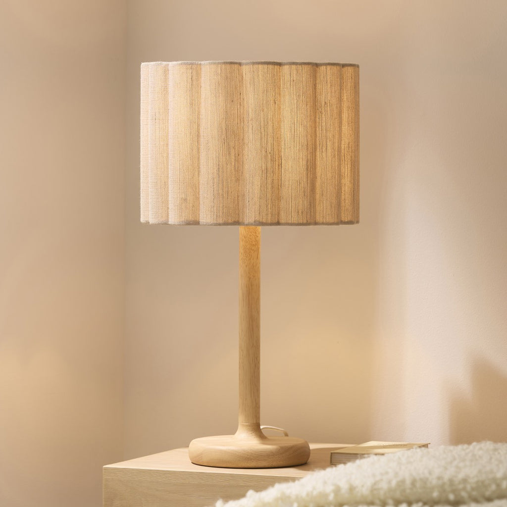 Endon Olson Table Lamp in Oak Stained Wood with Natural Scalloped Shade