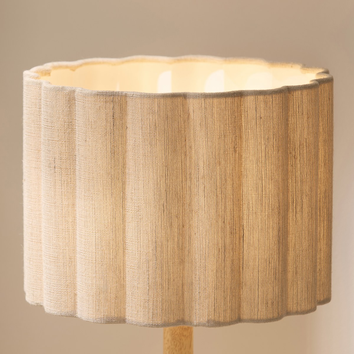 Endon Olson Table Lamp in Oak Stained Wood with Natural Scalloped Shade
