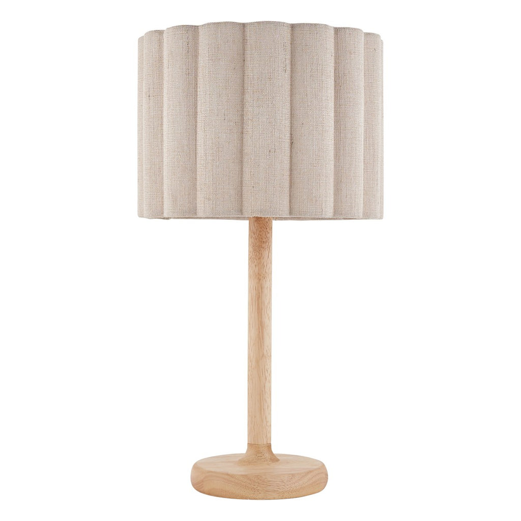 Endon Olson Table Lamp in Oak Stained Wood with Natural Scalloped Shade