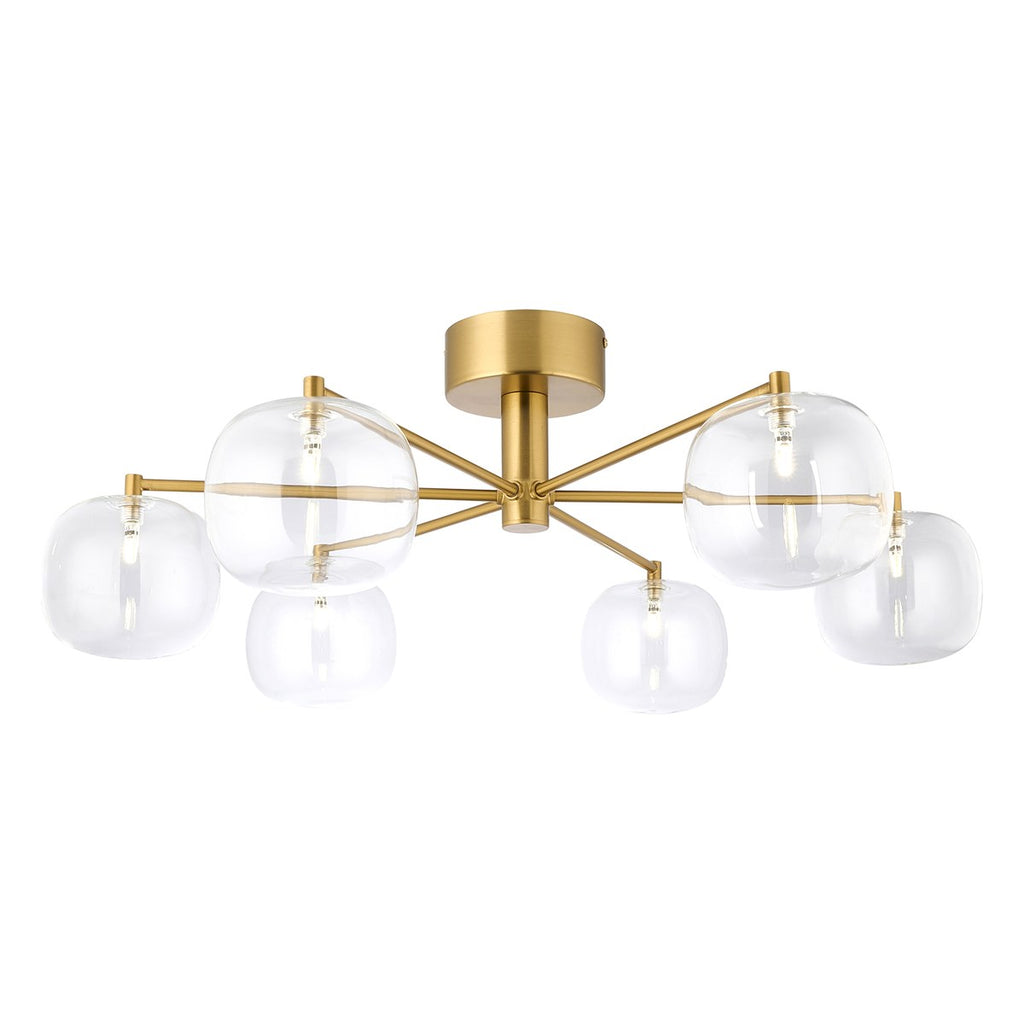 Endon Oslo 6 Light Semi Flush Ceiling Light in Brushed Aged Brass with Clear Glass