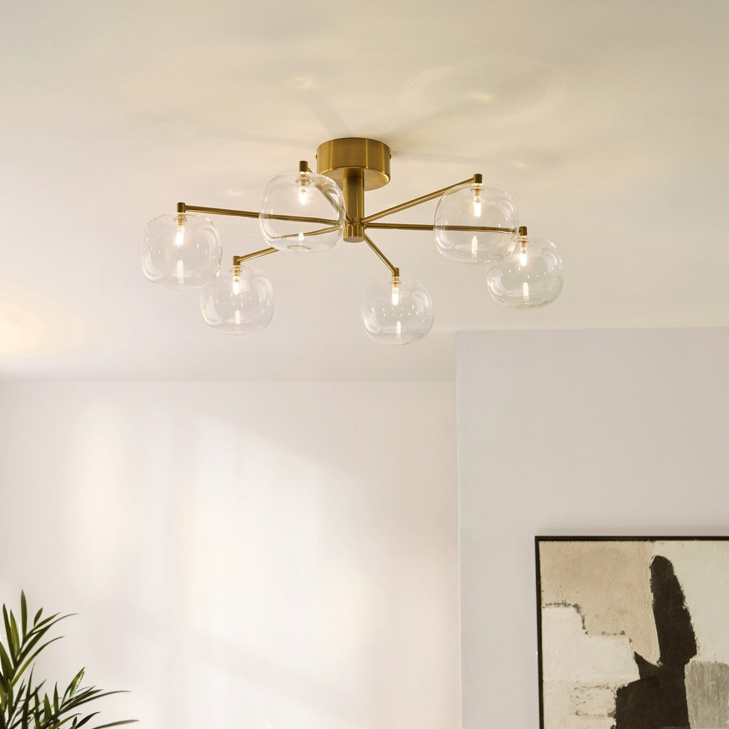 Endon Oslo 6 Light Semi Flush Ceiling Light in Brushed Aged Brass with Clear Glass
