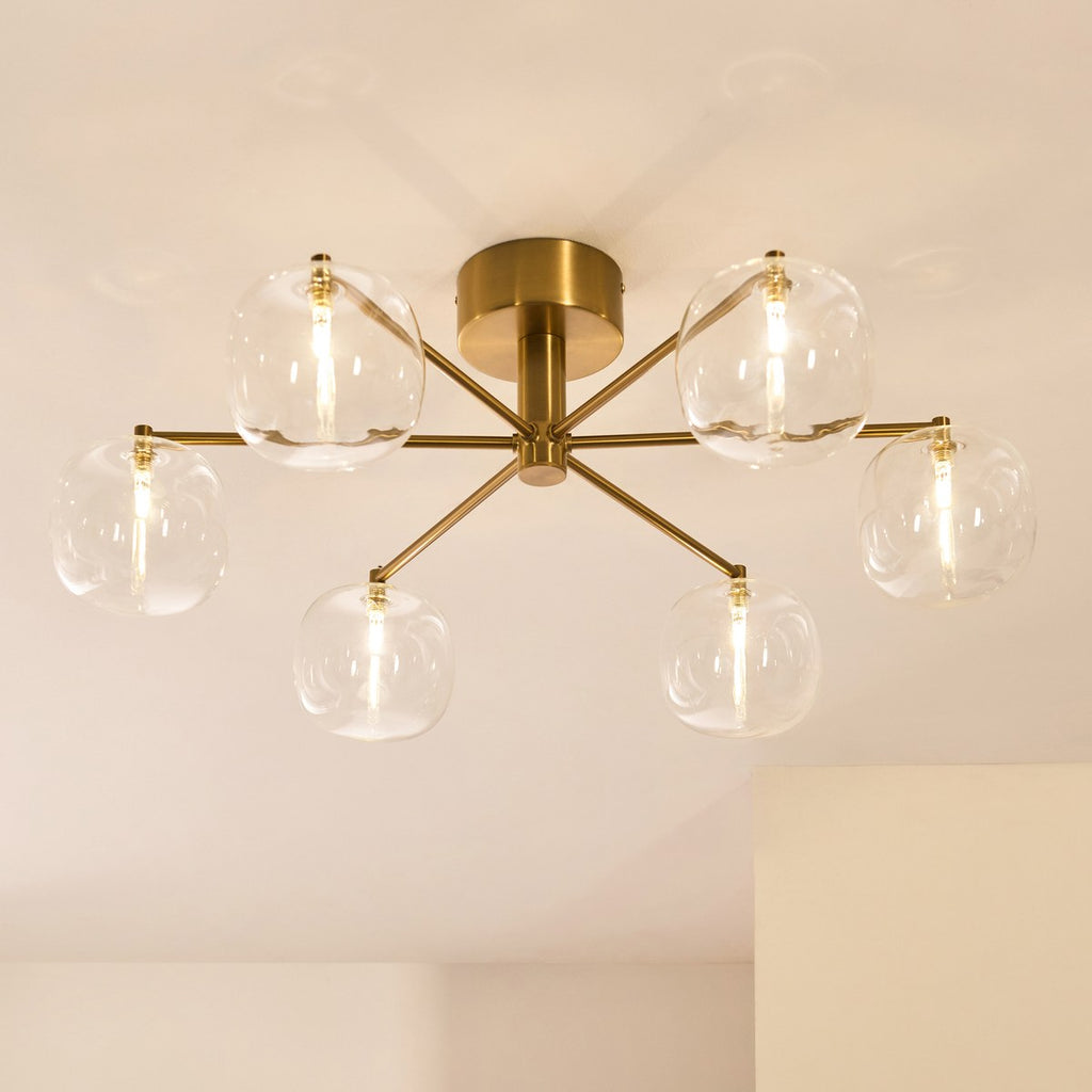 Endon Oslo 6 Light Semi Flush Ceiling Light in Brushed Aged Brass with Clear Glass