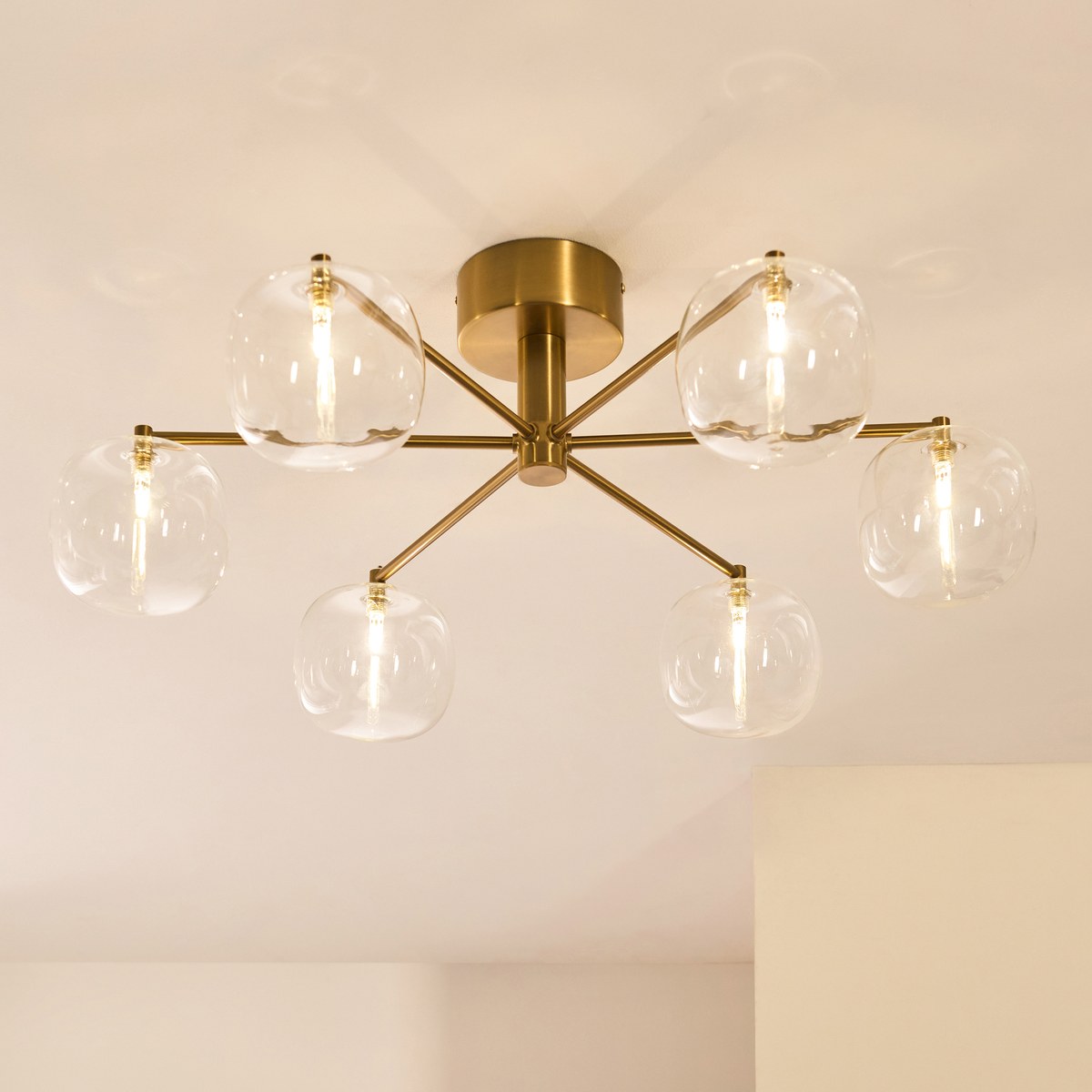 Endon Oslo 6 Light Semi Flush Ceiling Light in Brushed Aged Brass with Clear Glass