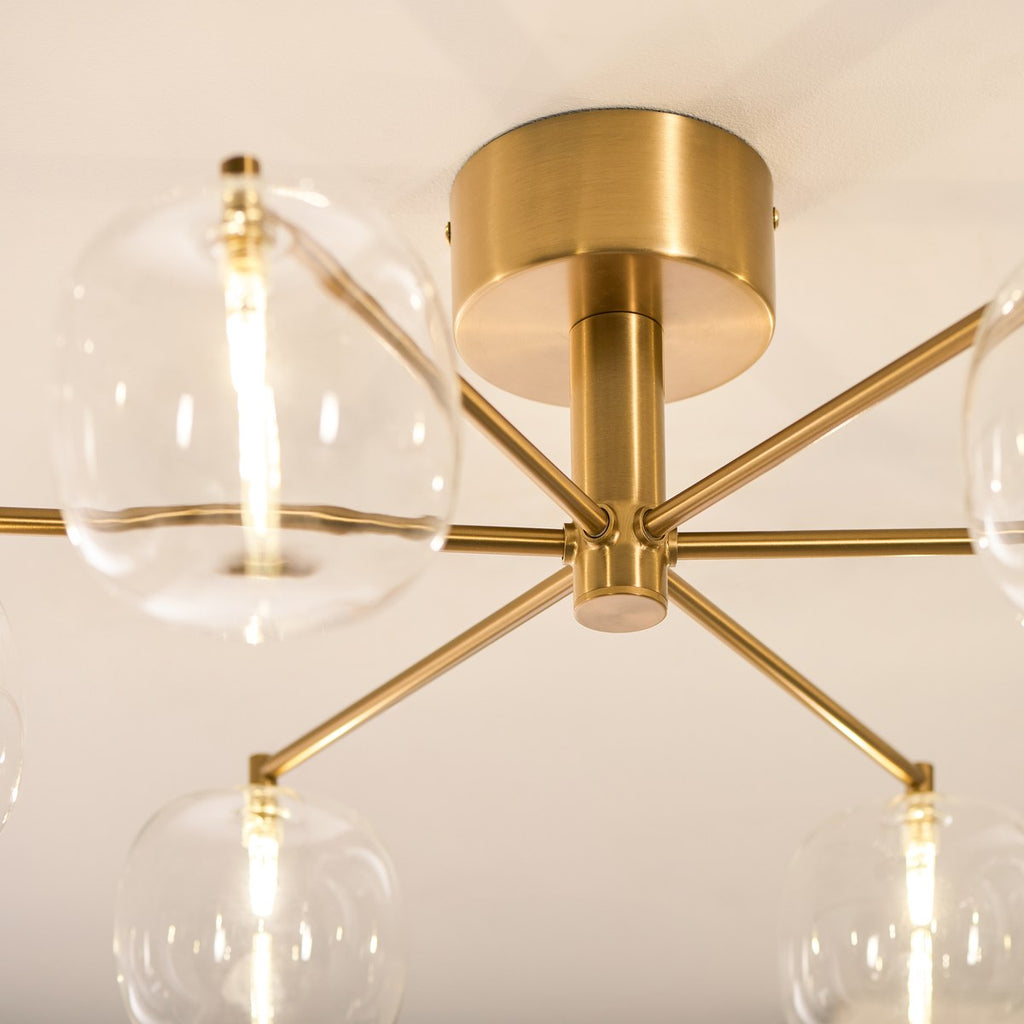 Endon Oslo 6 Light Semi Flush Ceiling Light in Brushed Aged Brass with Clear Glass