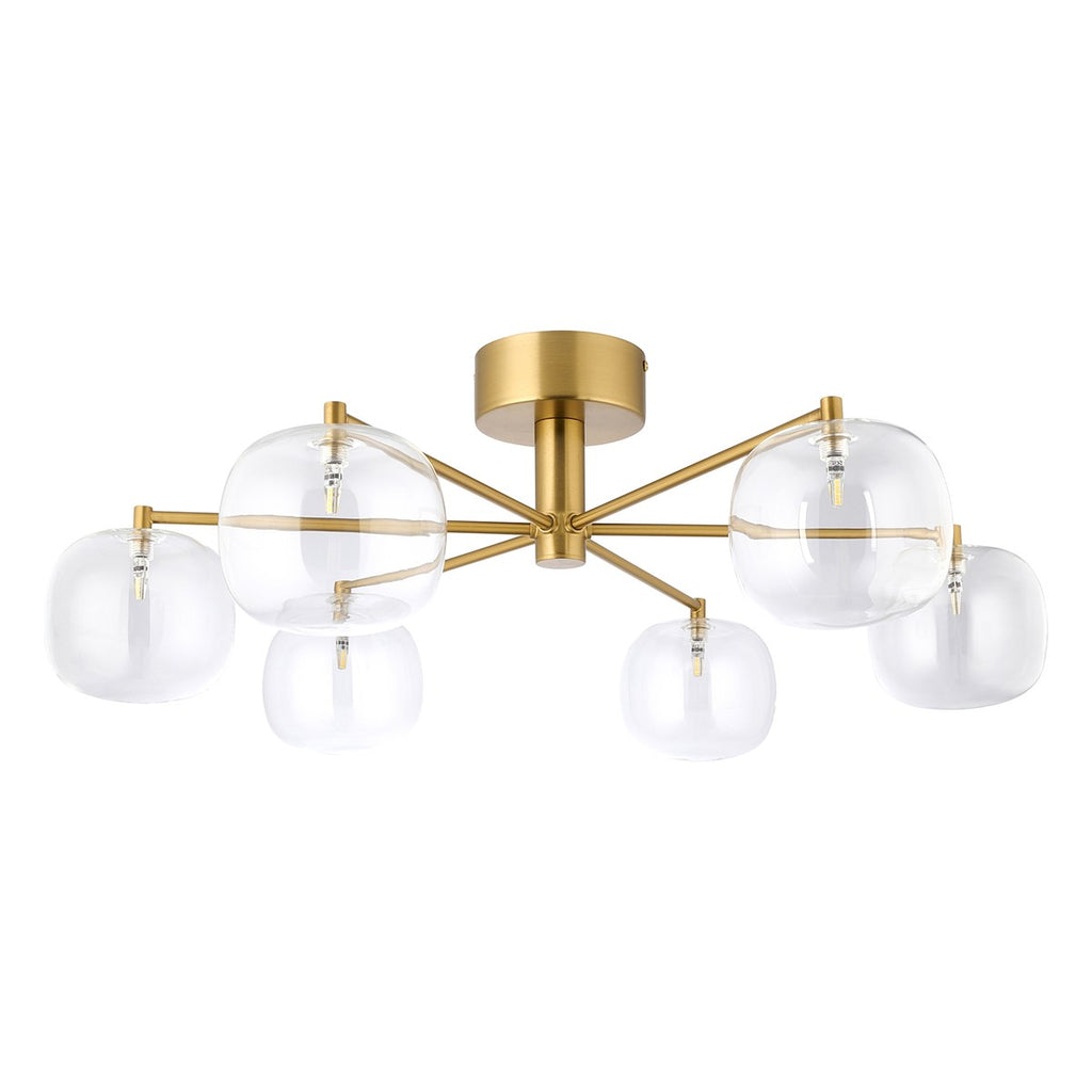 Endon Oslo 6 Light Semi Flush Ceiling Light in Brushed Aged Brass with Clear Glass