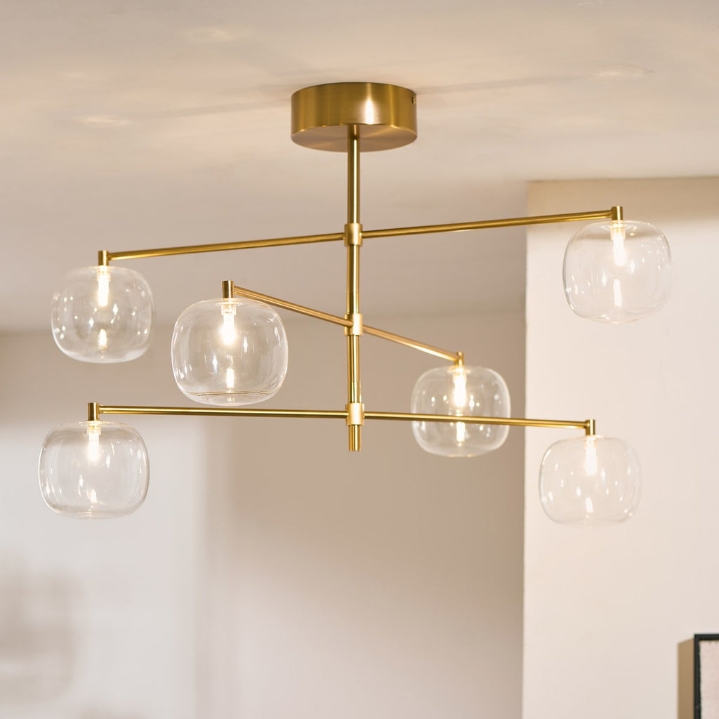 Endon Oslo 6 Light Pendant Light in Brushed Aged Brass with Clear Glass