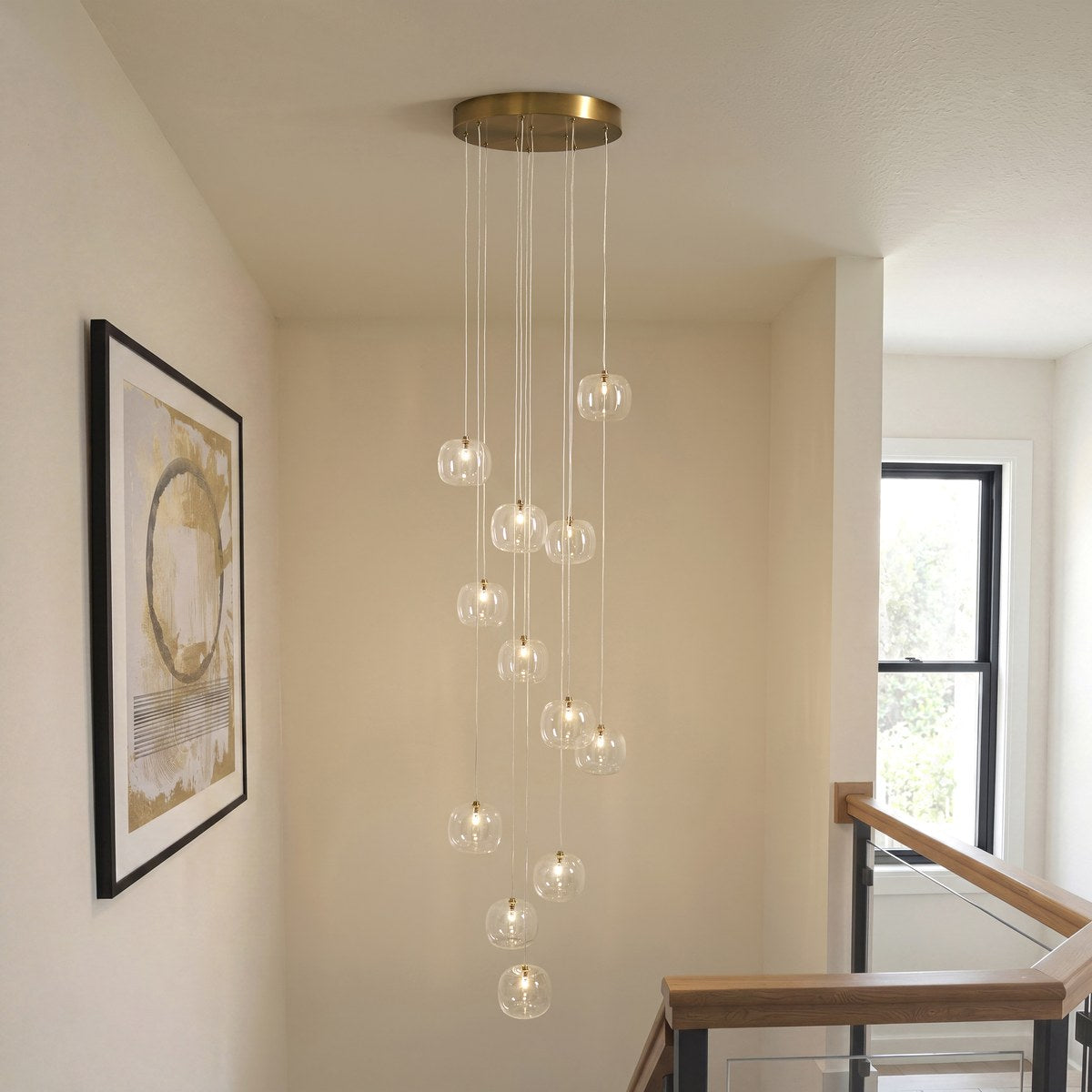 Endon Oslo 12 Light Cascade Pendant Light in Brushed Aged Brass with Clear Glass