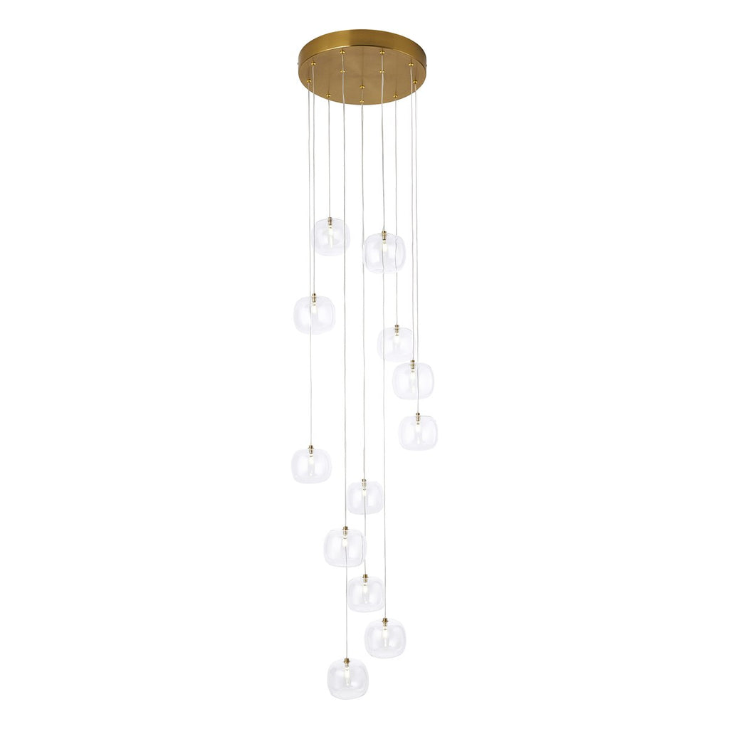 Endon Oslo 12 Light Cascade Pendant Light in Brushed Aged Brass with Clear Glass