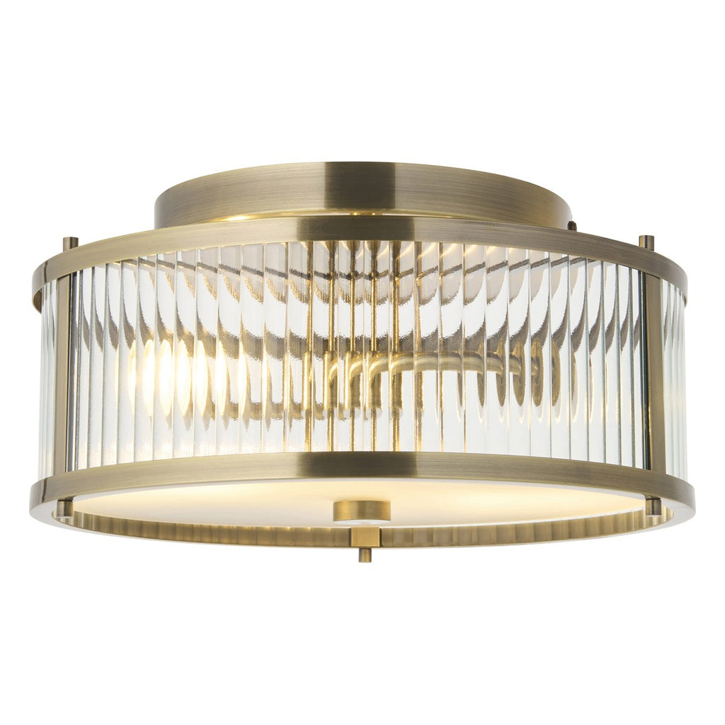 Endon Ridgeton IP44 2 Light Flush Ceiling Light in Antique Brass with Clear Ribbed & Frosted Glass